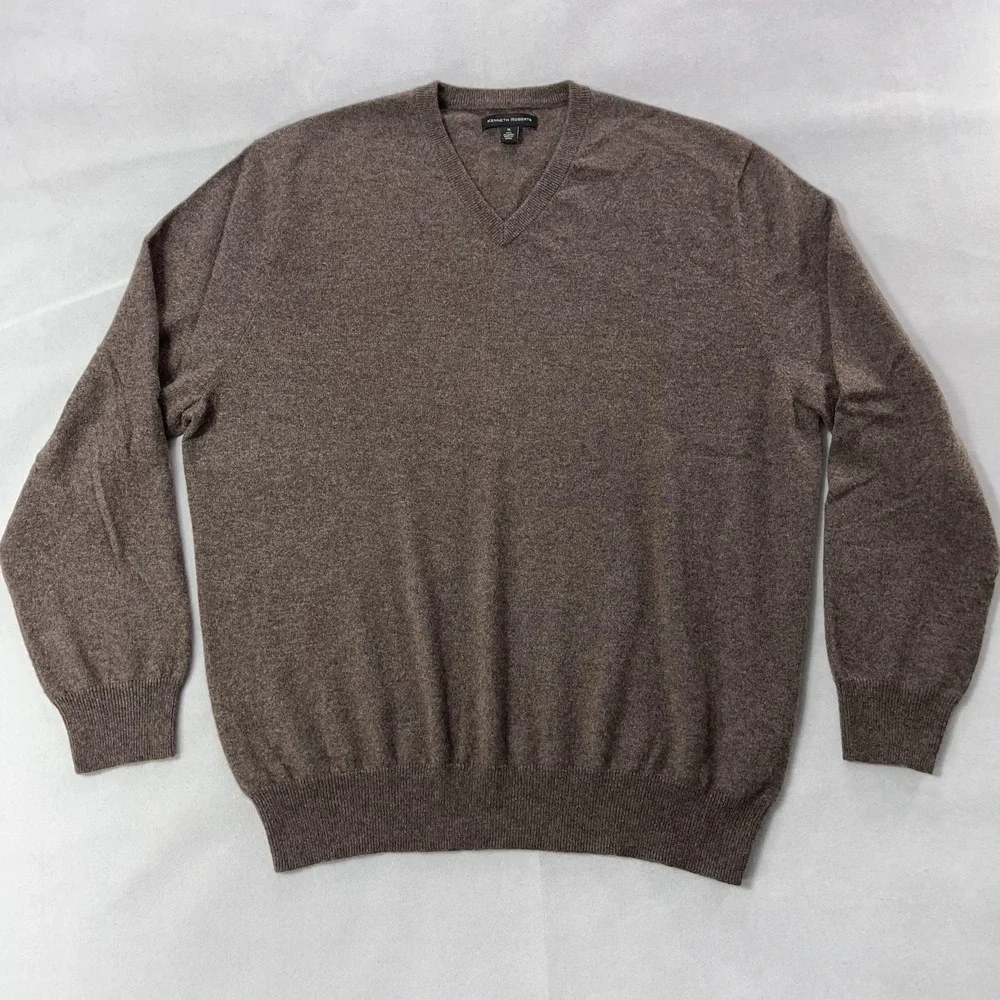 Kenneth Roberts Cashmere Sweater Mens XL Brown V Neck Pullover Soft Knit‎